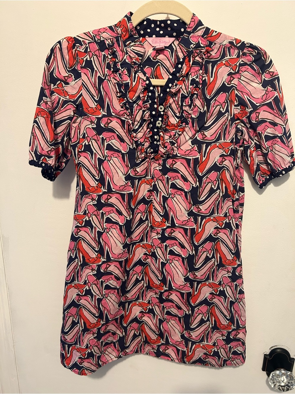 Lilly Pulitzer - Girls -Pink/Navy/Red High Heel Shoes Short Sleeve V Neck Dress